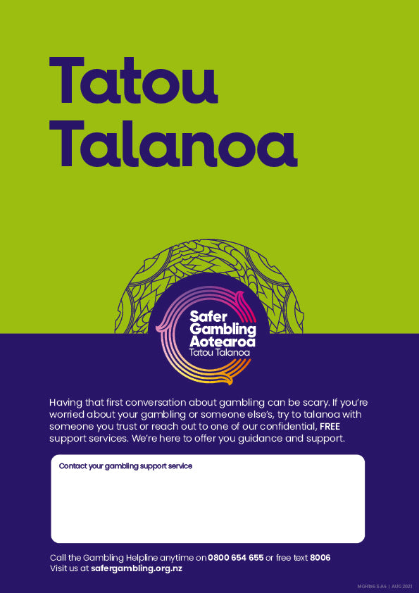 Safer Gambling Aotearoa poster (A4 Size, Tatou Talanoa)