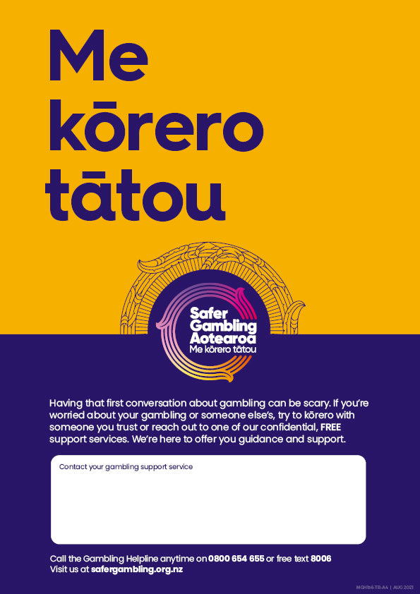 Safer Gambling Aotearoa poster (A3 Size, Me kōrero tātou)