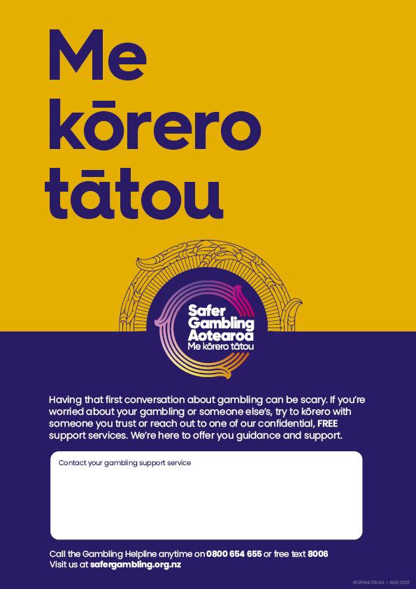 Safer Gambling Aotearoa poster (A4 Size, Me kōrero tātou)